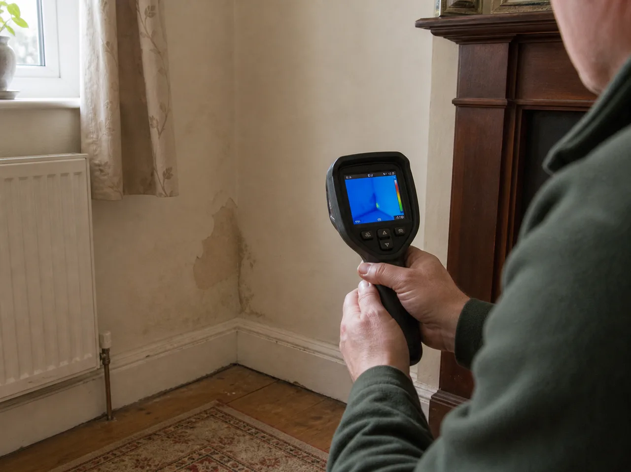 Surveyor using a thermal imaging camera to investigate damp on an interior wall